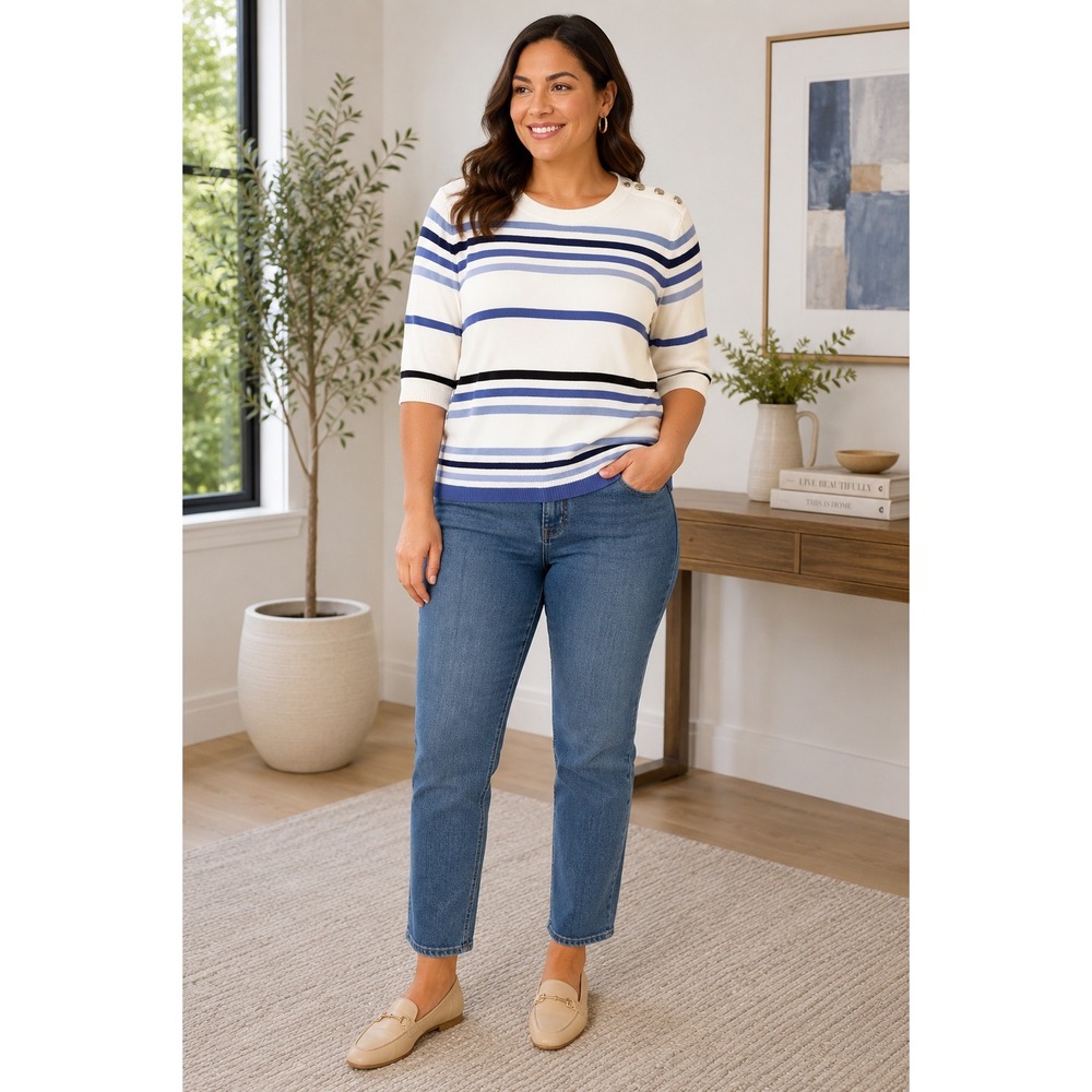 Talbots Petite XLP Ivory Blue Striped Sweater 3/4 Sleeve Button Shoulder Cotton